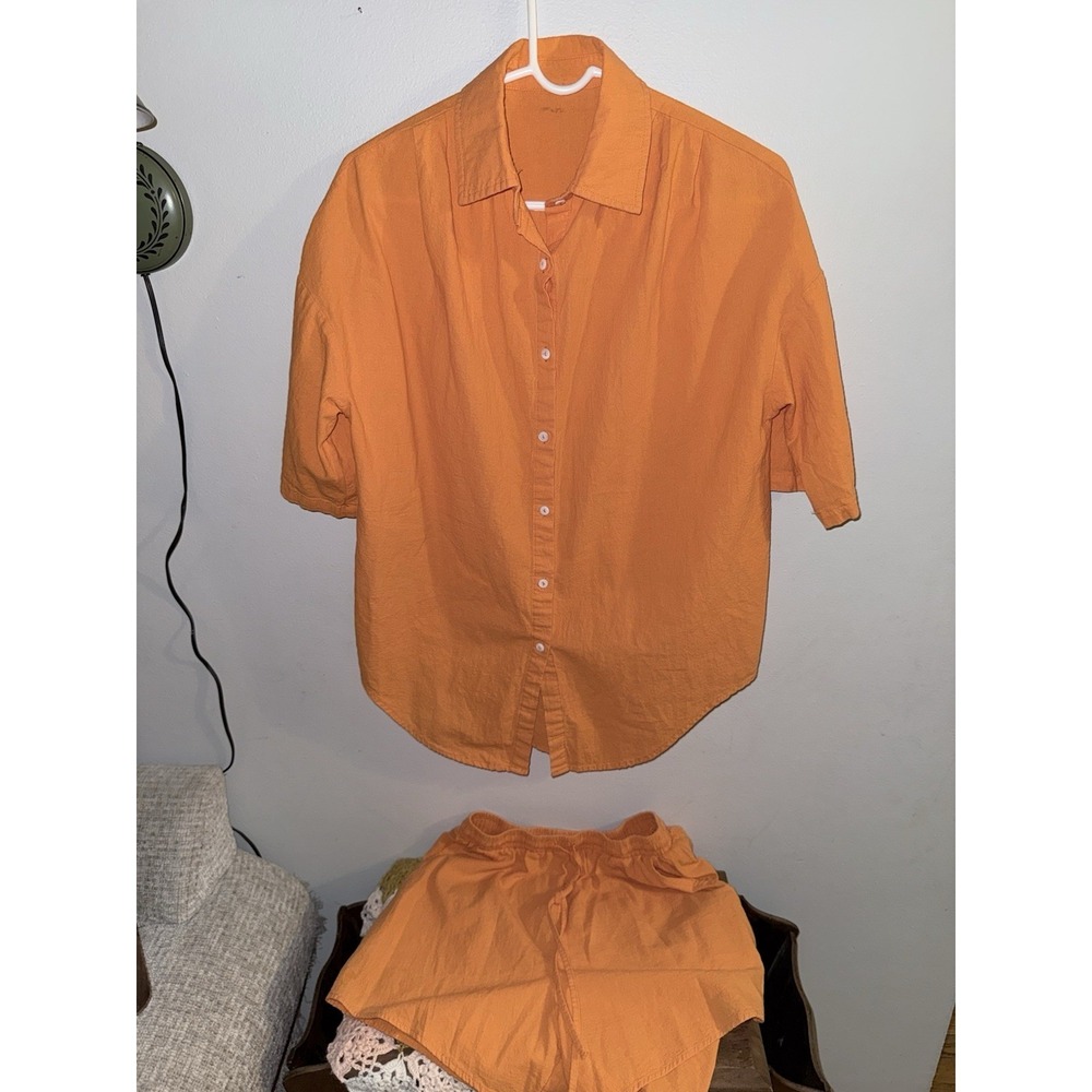 Orange‎ Button Down Shirt & Pull On Shorts Set Outfit Women's Small 100% Cotton - Picture 2 of 8